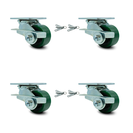 Service Caster 3.25 Inch Green Poly on Cast Iron Caster Set with 2 Brakes/Swivel Lock 2 Rigid SCC-30CS3420-PUR-GB-SLB-BSL-2-BSL-2